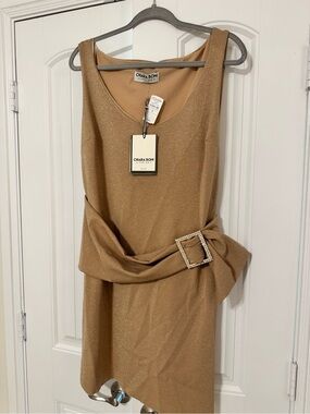 Chiara Boni Metallic Gold Belted Sleeveless Mini Dress